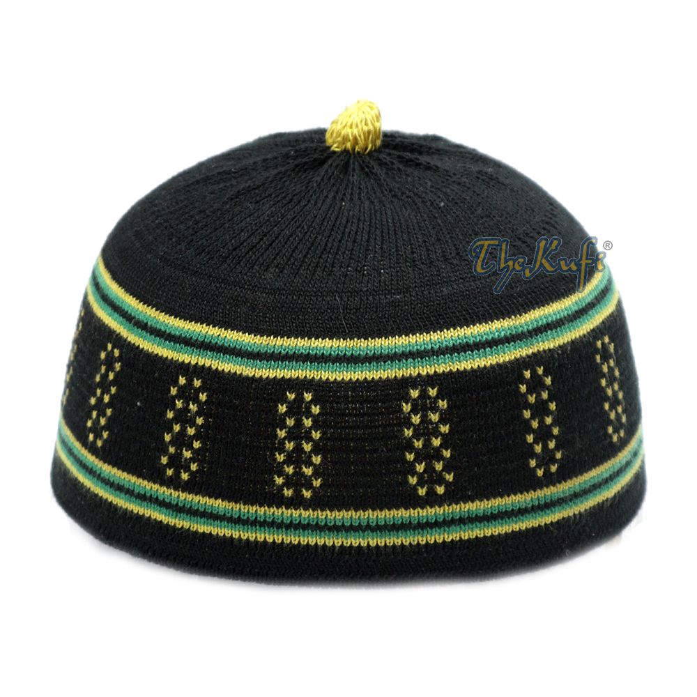 Baby Black and Green Stretch-Knit Cotton Comfortable Pom-Pom Kufi Skull Hat