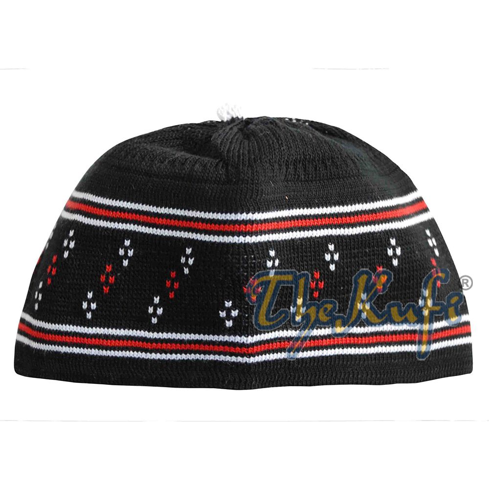 Baby Black and Red Stretch-Knit Cotton Comfortable Pom-Pom Kufi Skull Hat