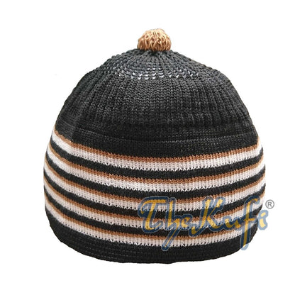 Baby Kufi Black White Brown Stripes Soft Cotton Kufi Skull Cap with Pom-Pom Top