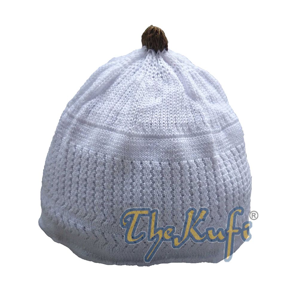 Baby Kufi White Stretch-Knit Dark Brown Pom-Pom Soft Cotton Beanie Skull Cap
