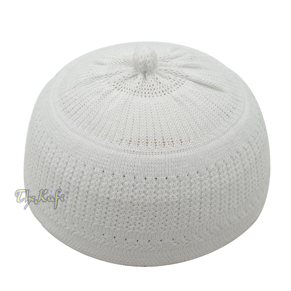 Baby Kufi White Stretch-Knit Pom-Pom Soft Cotton Beanie Skull Cap