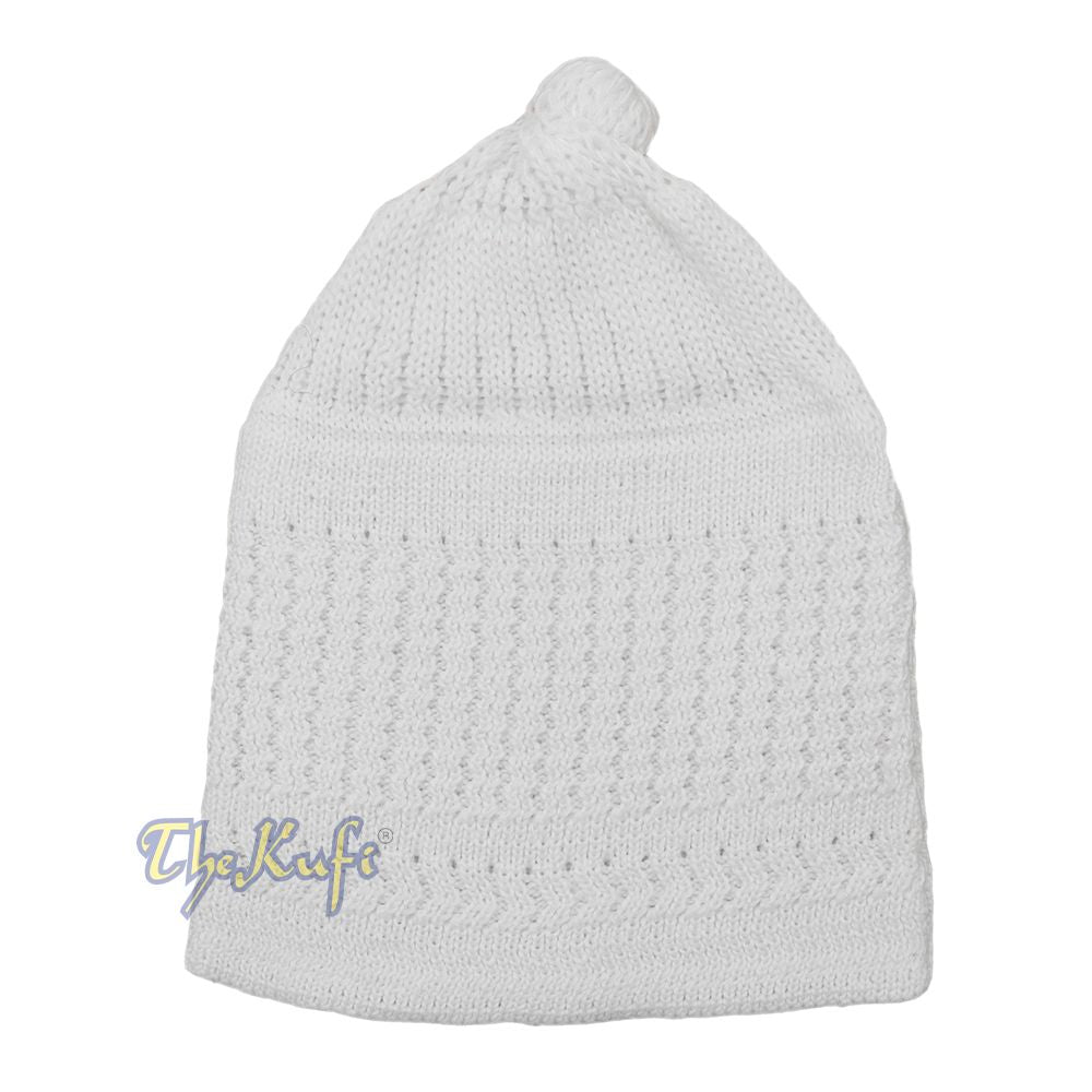 Baby Kufi White Stretch-Knit Pom-Pom Soft Cotton Beanie Skull Cap