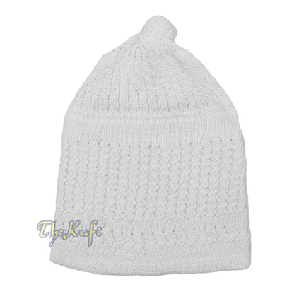 Baby Kufi White Stretch-Knit Pom-Pom Soft Cotton Beanie Skull Cap