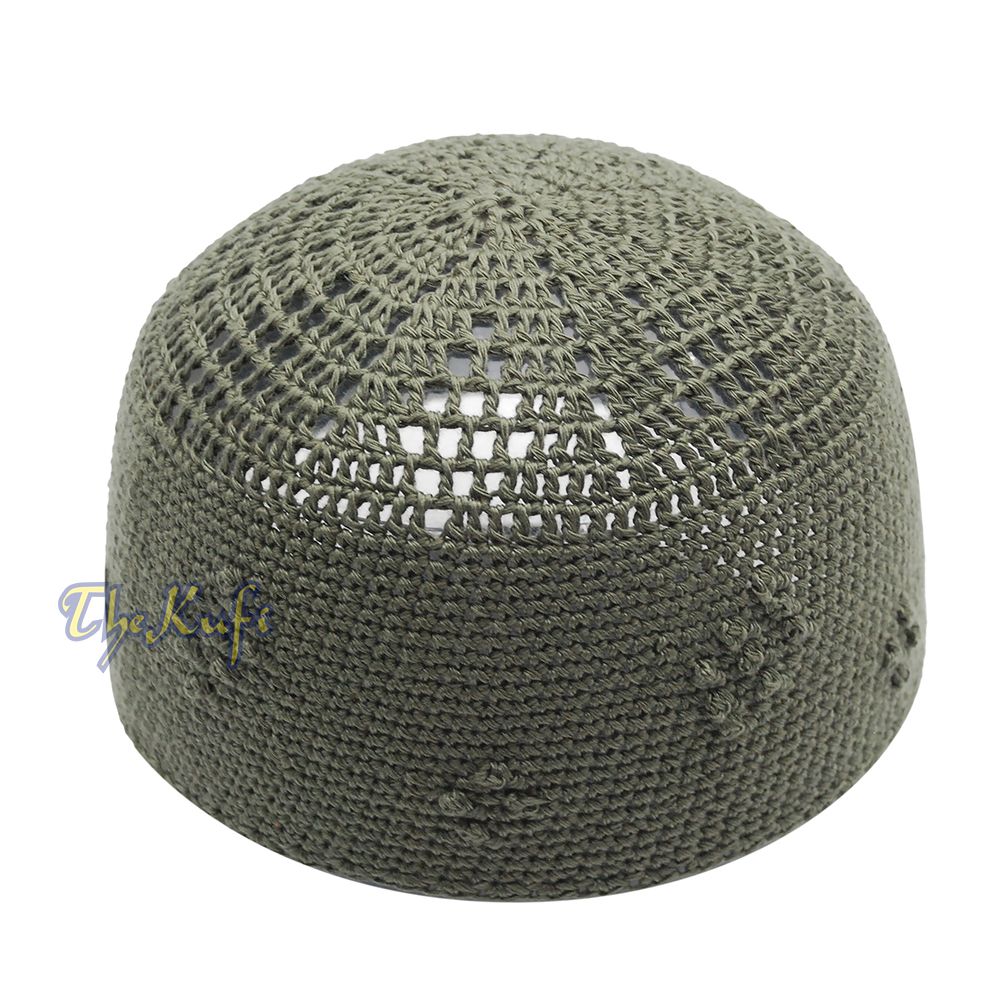 Plain Army Green Hand-Crocheted Cotton Blend Kufi Skull Cap