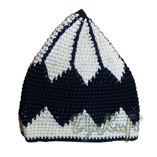 Kids Hand Crocheted Cotton Latte & Dark Blue Large Diamond Kufi Hat