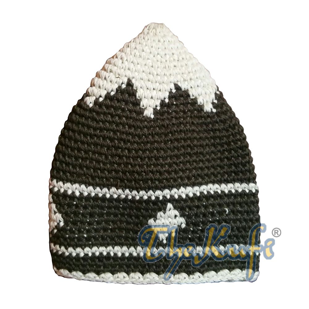 Hand-Crocheted Cotton Sturdy Faded Dark Forest Green & Off-White Small Diamonds Line Kufi Hat