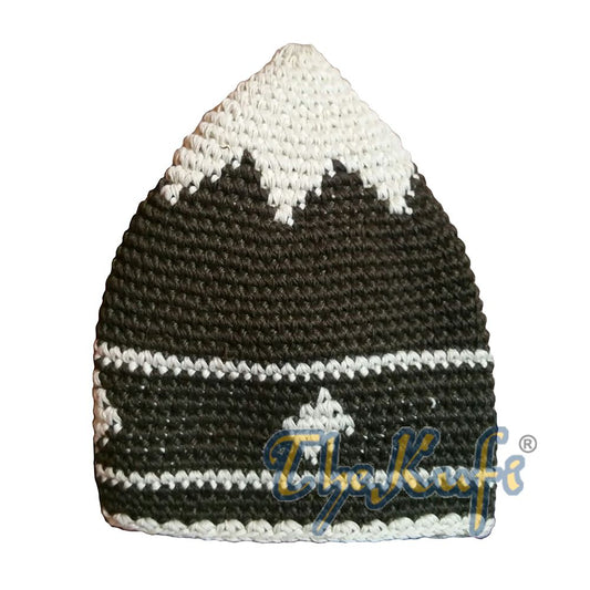 Hand-Crocheted Cotton Sturdy Faded Dark Forest Green & Off-White Small Diamonds Line Kufi Hat
