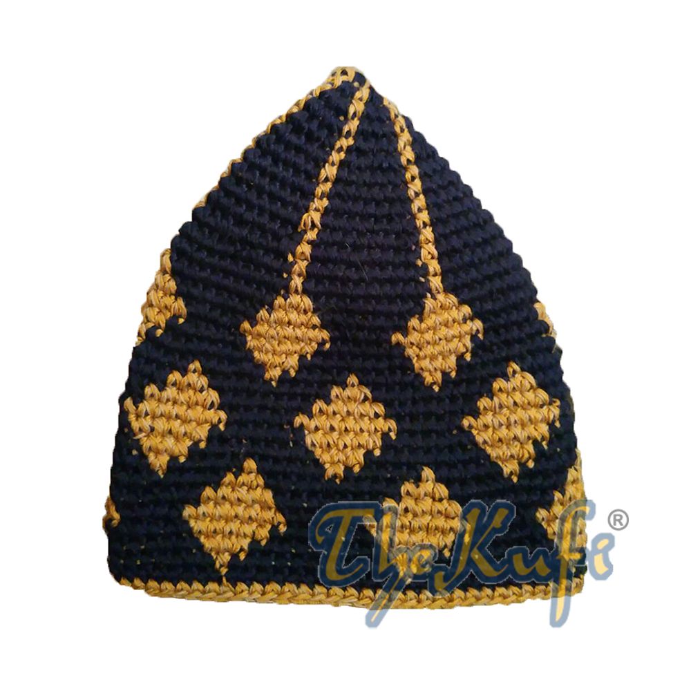 Hand-Crocheted Cotton Sturdy Dark Blue & Rust Brown Small Diamonds Kufi Hat