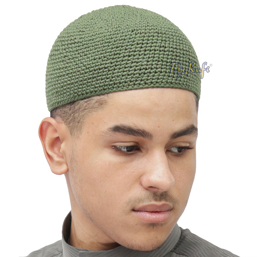 Plain Army Green Hand-Crocheted 100% Cotton Jacquard Kufi Hat Design and Comfortable Fit