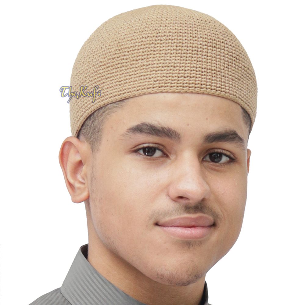 Plain Light Brown Hand-Crocheted 100% Cotton Kufi Hat Design and Comfortable Fit