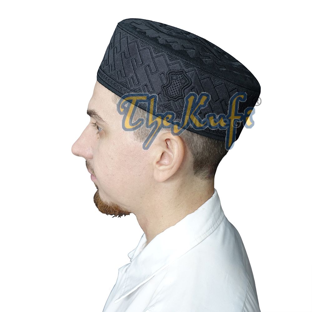 Muslim Kufi Hat – Black Oval Embroidered Rasulullah Sandal Emblem Prayer Cap