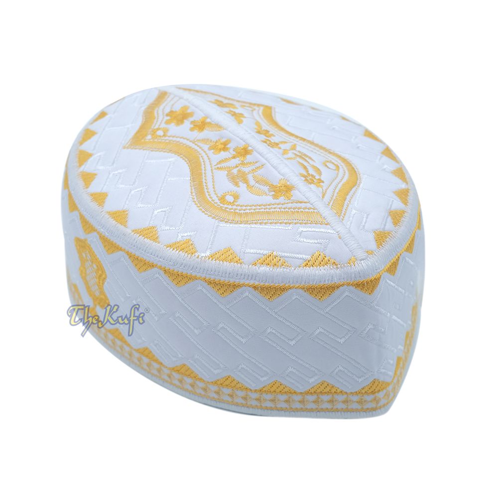Textured White and Gold Embroidered Sandal Kufi Hat