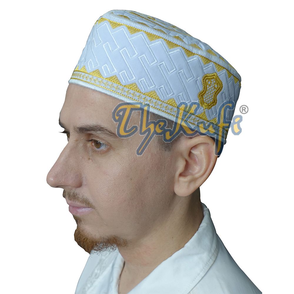 Textured White and Gold Embroidered Sandal Kufi Hat