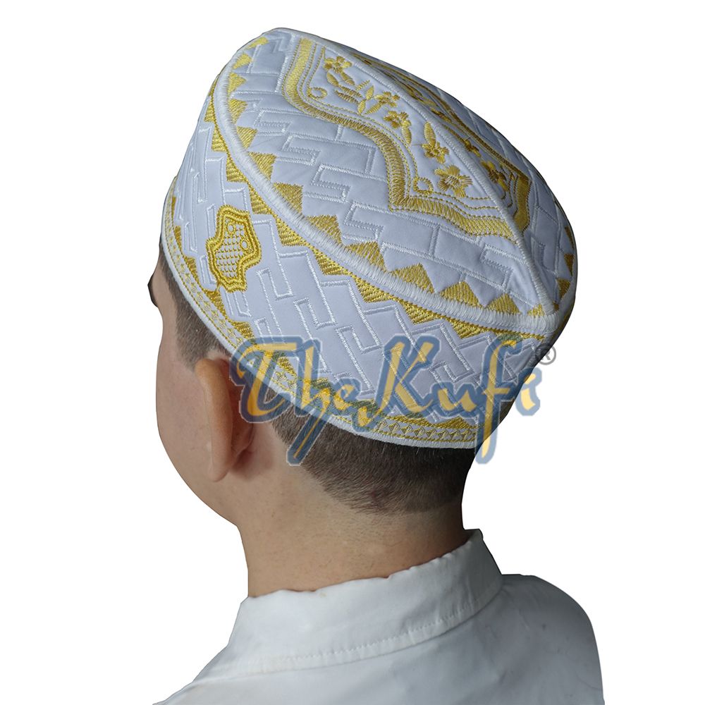 Textured White and Gold Embroidered Sandal Kufi Hat
