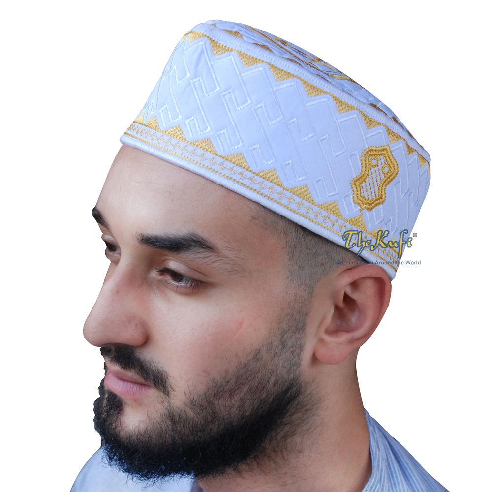 Textured White and Gold Embroidered Sandal Kufi Hat