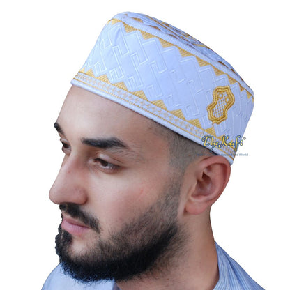 Textured White and Gold Embroidered Sandal Kufi Hat
