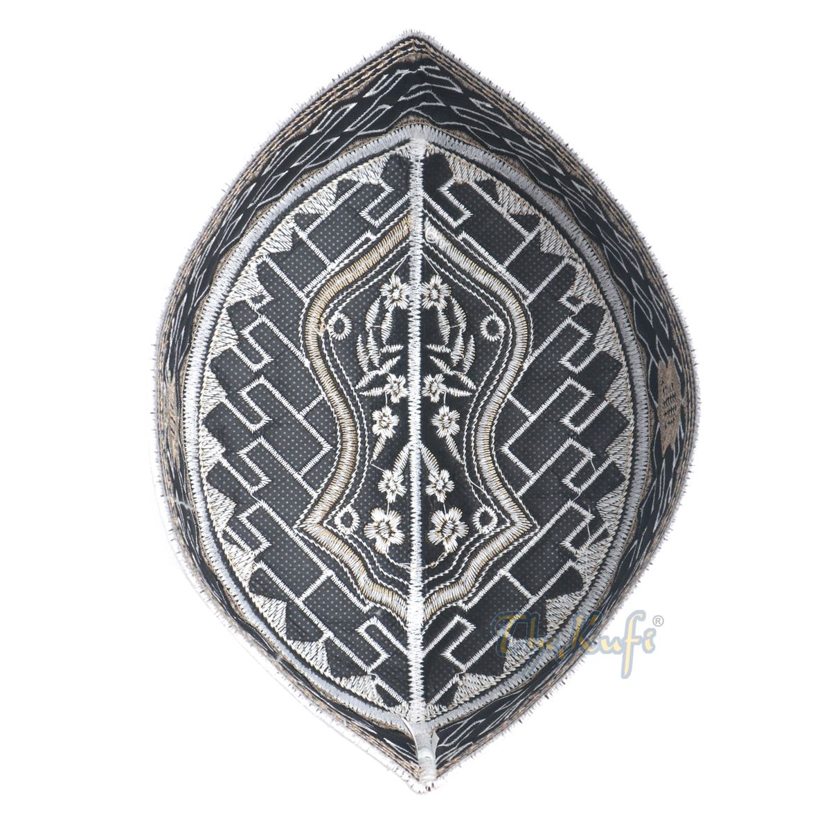 Textured White and Light Brown Embroidered Sandal Kufi Hat