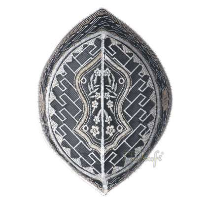 Textured White and Light Brown Embroidered Sandal Kufi Hat