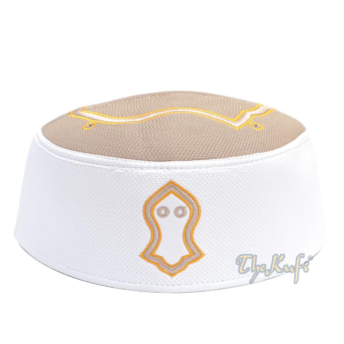 Nalain Sandal Kufi Crown Rigid Light Brown White Golden Embroidery Muslim Hat