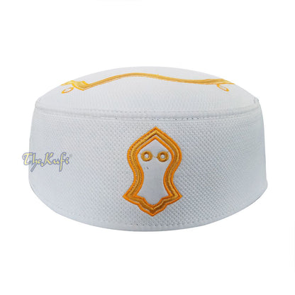 Rigid White Golden Embroidered Sandal Kufi Crown