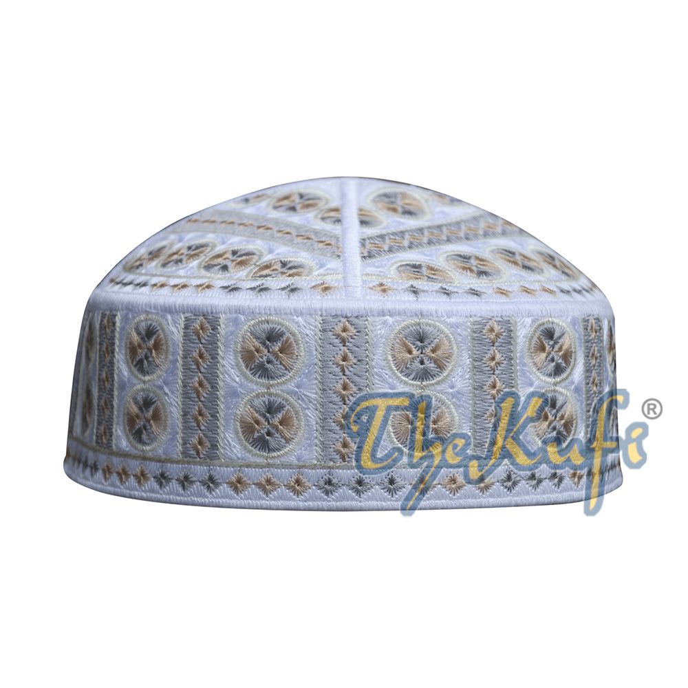 White and Yellow Embroidered Circle Design Rigid-Semi Pakistan Kufis