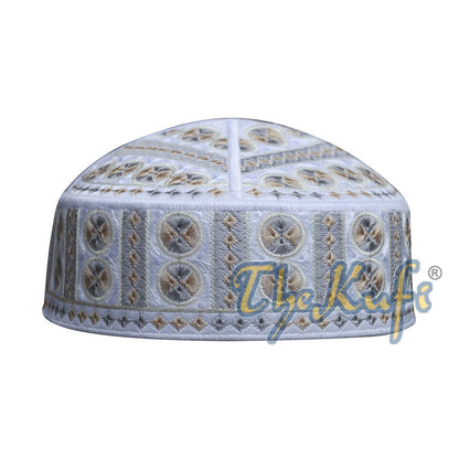 White and Yellow Embroidered Circle Design Rigid-Semi Pakistan Kufis