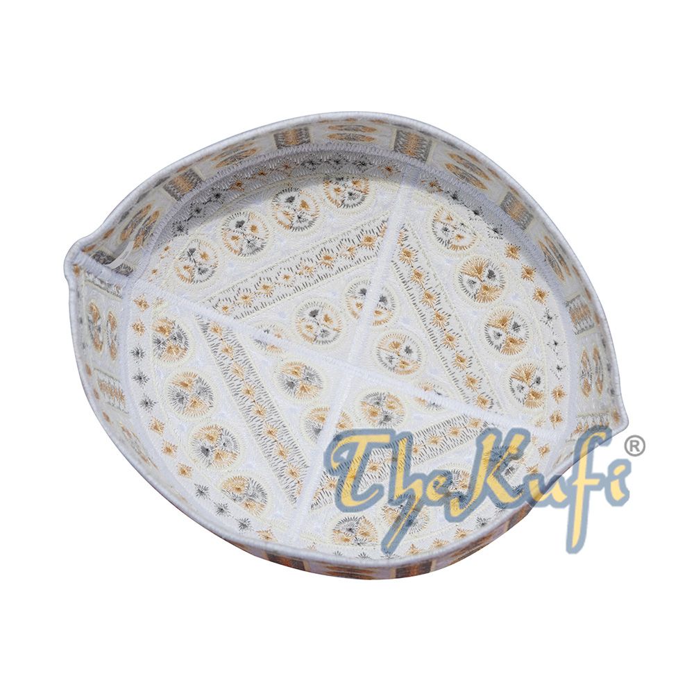 White and Yellow Embroidered Circle Design Rigid-Semi Pakistan Kufis