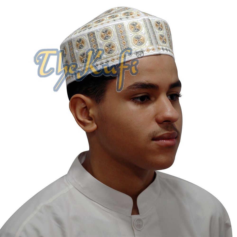 White and Yellow Embroidered Circle Design Rigid-Semi Pakistan Kufis