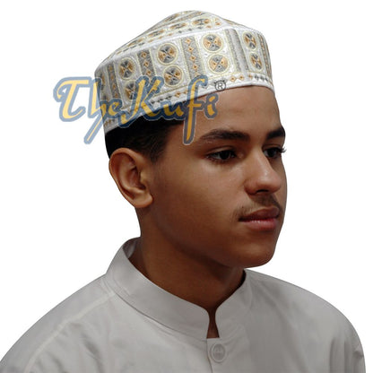 White and Yellow Embroidered Circle Design Rigid-Semi Pakistan Kufis