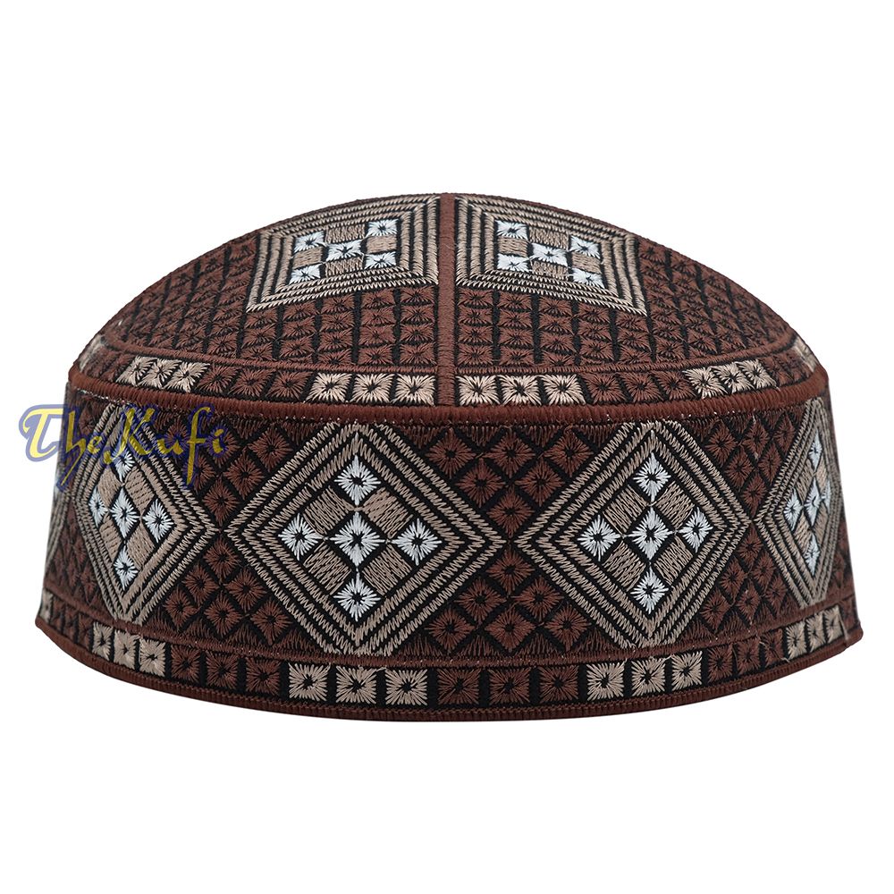 Dark Brown Light Brown White Diamond Intricately Embroidered Design Pakistan Kufi