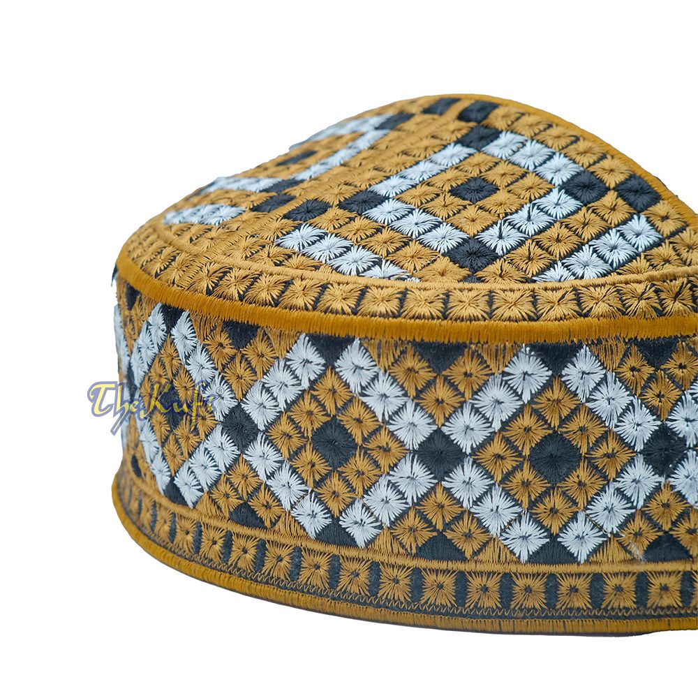 Pakistani-Style Kufi Hat | Rust Brown, Silver, Black Diamond Motif Embroidered Rigid Cap