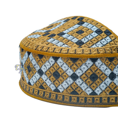 Pakistani-Style Kufi Hat | Rust Brown, Silver, Black Diamond Motif Embroidered Rigid Cap