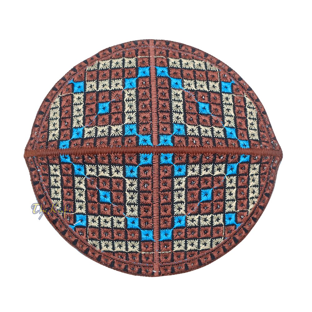 Dark Brown, Turquoise, Cream Diamond Intricately Embroidered Design Pakistan Kufi