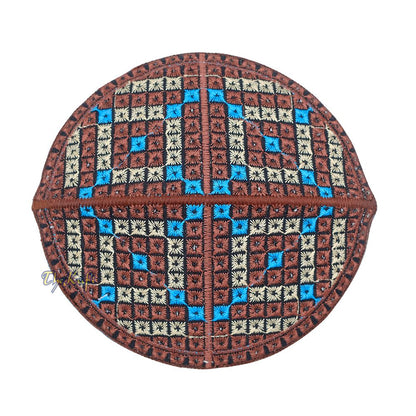 Dark Brown, Turquoise, Cream Diamond Intricately Embroidered Design Pakistan Kufi