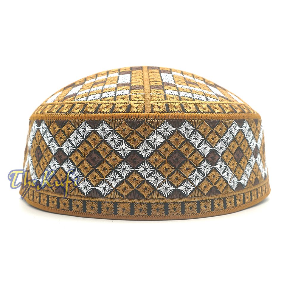 Rust Brown, Silver, Dark Brown Intricately Embroidered Rigid Round Pakistani-Style Kufi Hat