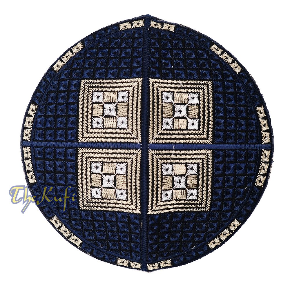 Dark Navy Blue Beige White Diamond Intricately Embroidered Design Pakistan Kufi