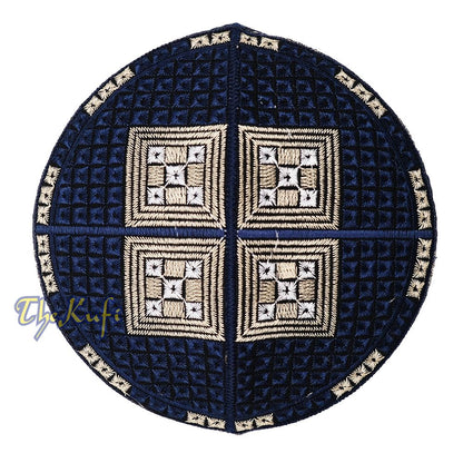 Dark Navy Blue Beige White Diamond Intricately Embroidered Design Pakistan Kufi