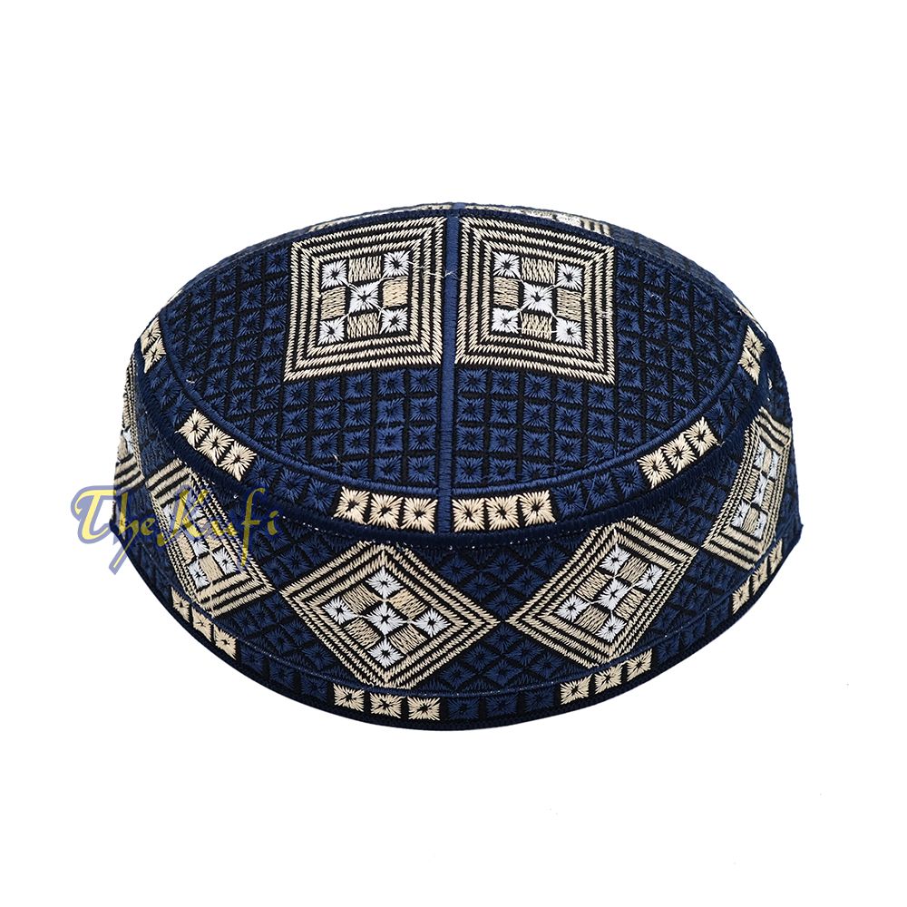 Dark Navy Blue Beige White Diamond Intricately Embroidered Design Pakistan Kufi