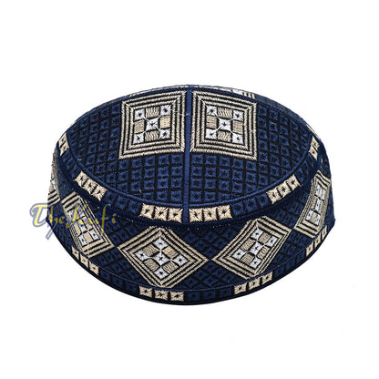 Dark Navy Blue Beige White Diamond Intricately Embroidered Design Pakistan Kufi