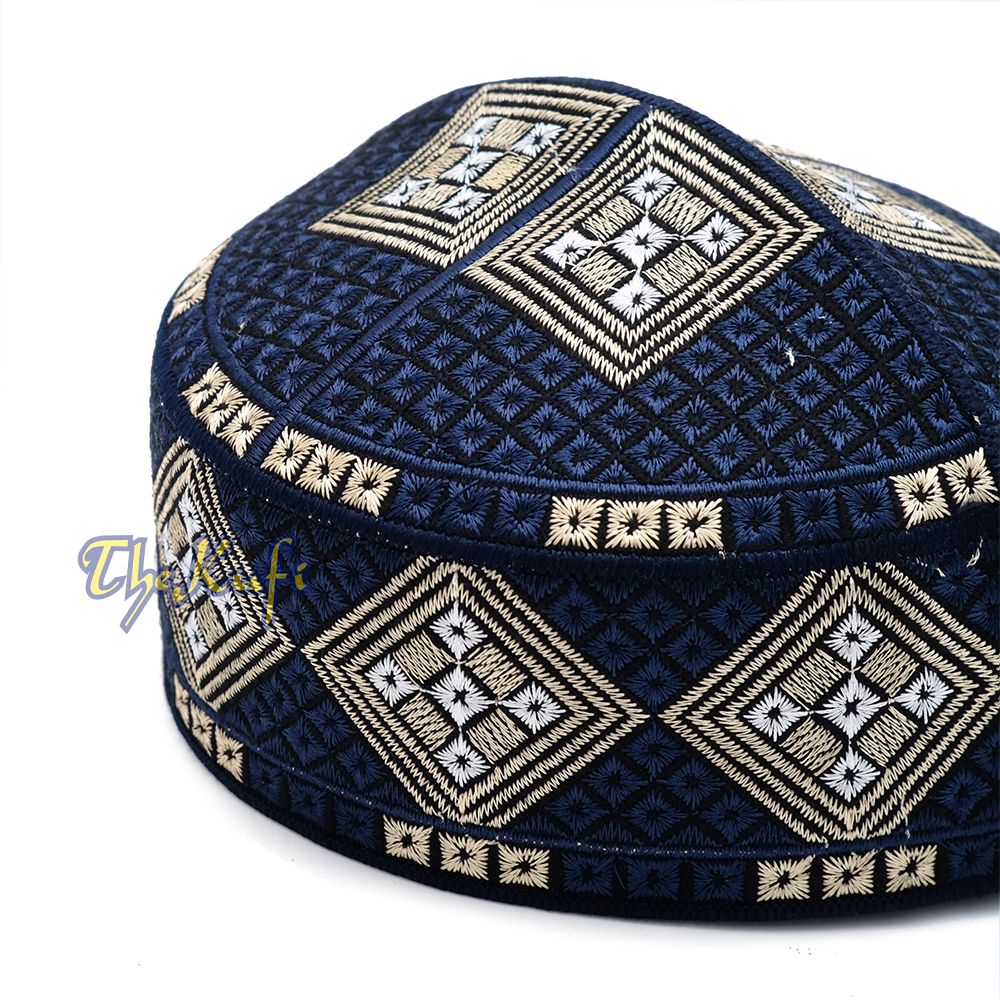 Dark Navy Blue Beige White Diamond Intricately Embroidered Design Pakistan Kufi