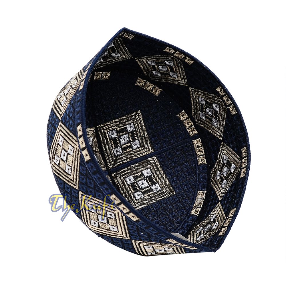 Dark Navy Blue Beige White Diamond Intricately Embroidered Design Pakistan Kufi