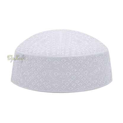 Pakistani Muslim Kufi Hats White Intricate Embroidery Diamond Motif Rigid Round Islamic Prayer Cap Topi Tupi Head Cover