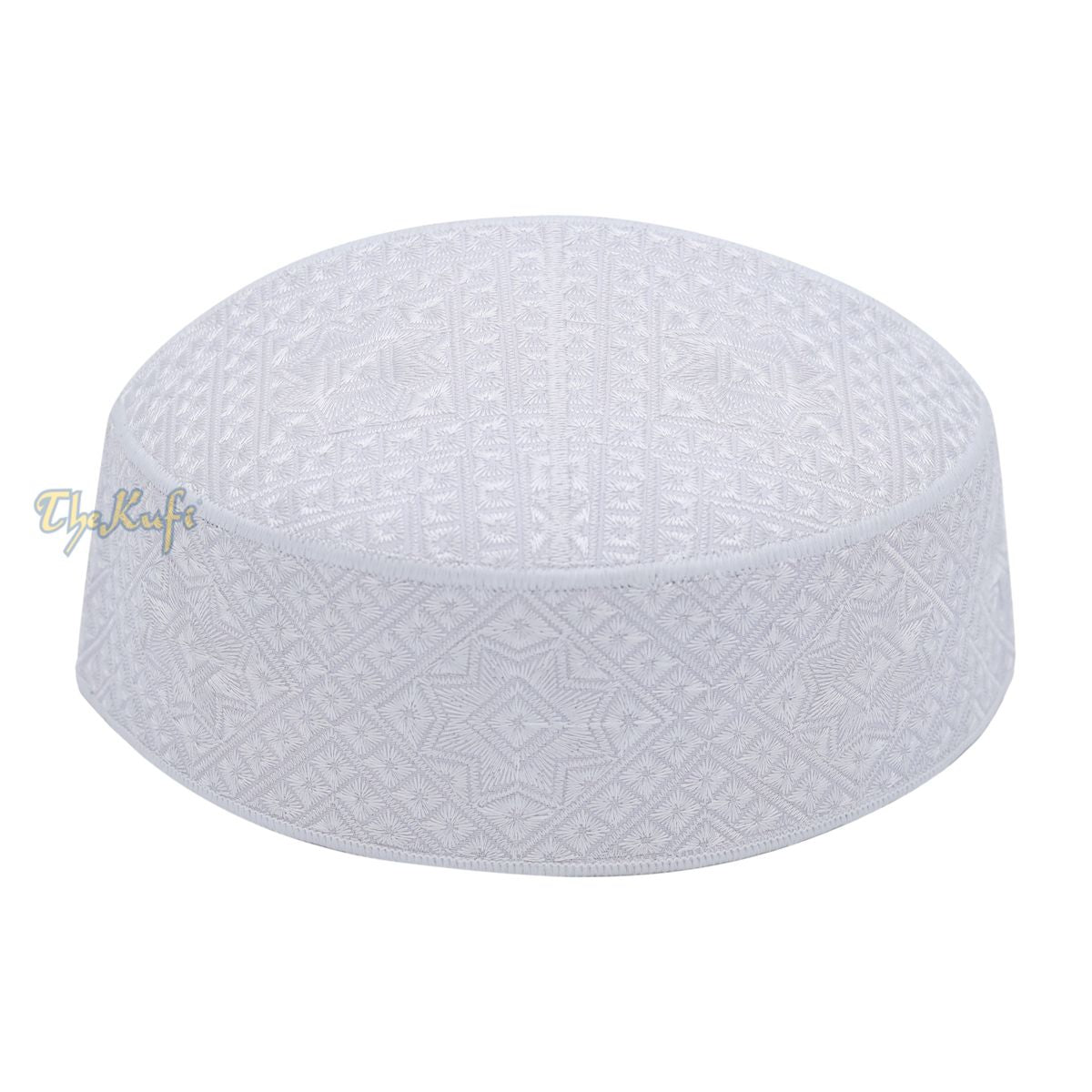 Pakistani Muslim Kufi Hats White Intricate Embroidery Diamond Motif Rigid Round Islamic Prayer Cap Topi Tupi Head Cover