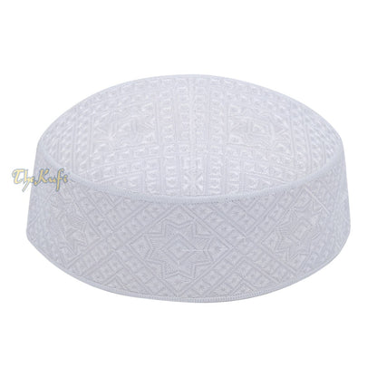 Pakistani Muslim Kufi Hats White Intricate Embroidery Diamond Motif Rigid Round Islamic Prayer Cap Topi Tupi Head Cover