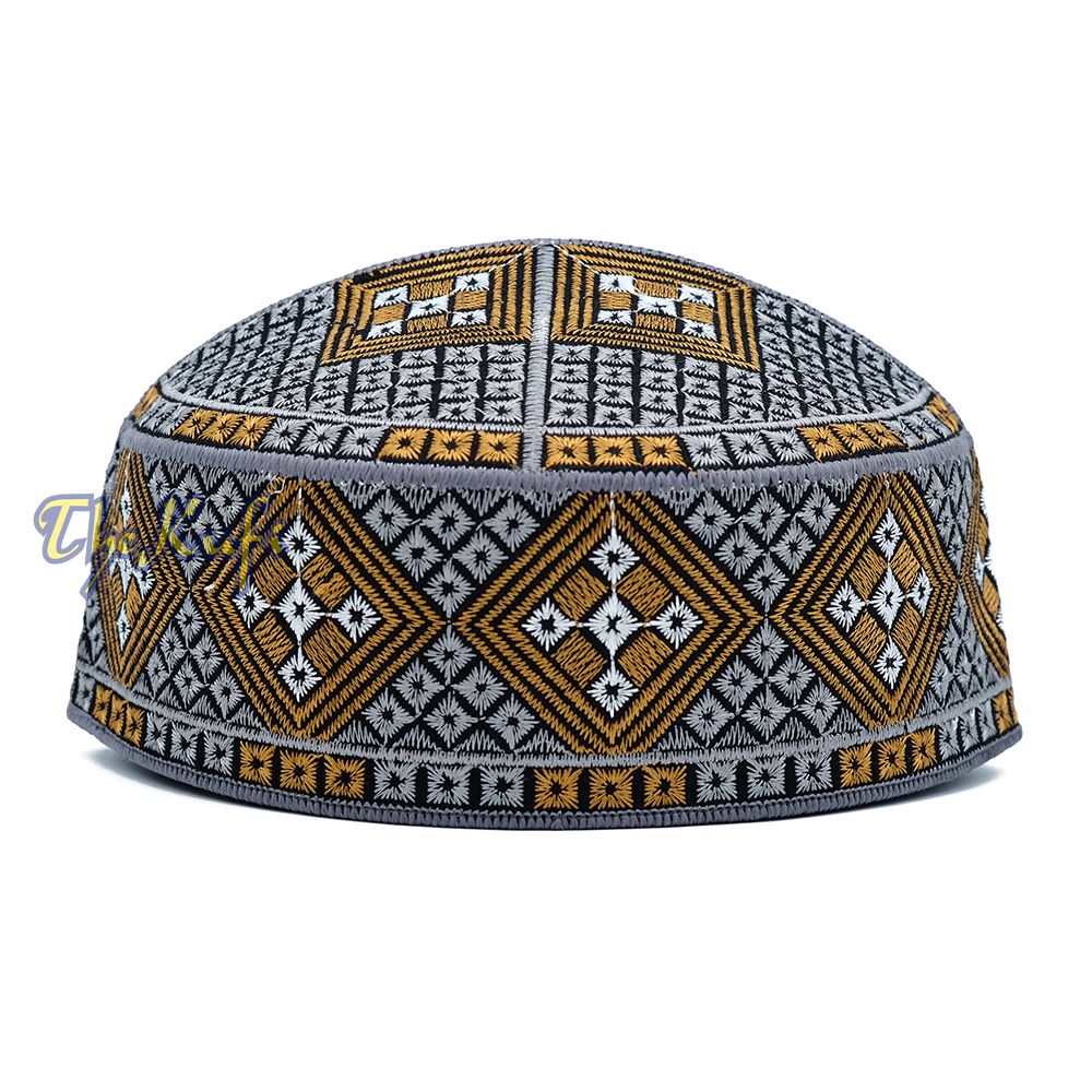Dark Gray Rust Brown White Diamond Intricately Embroidered Design Pakistan Kufi