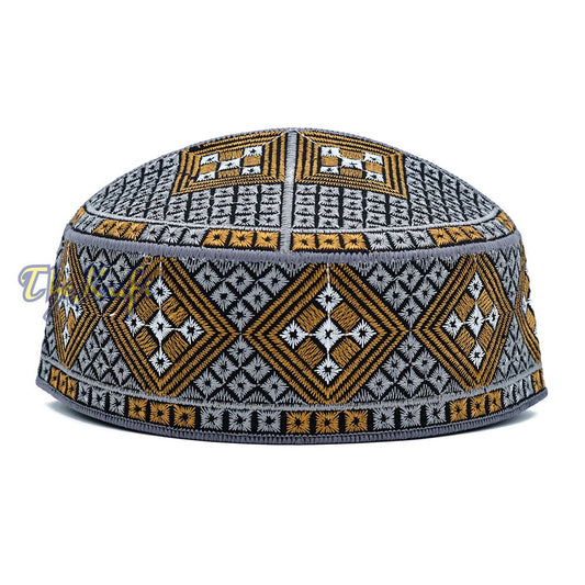 Dark Gray Rust Brown White Diamond Intricately Embroidered Design Pakistan Kufi
