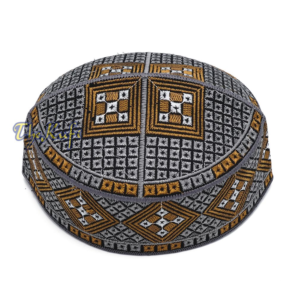 Dark Gray Rust Brown White Diamond Intricately Embroidered Design Pakistan Kufi