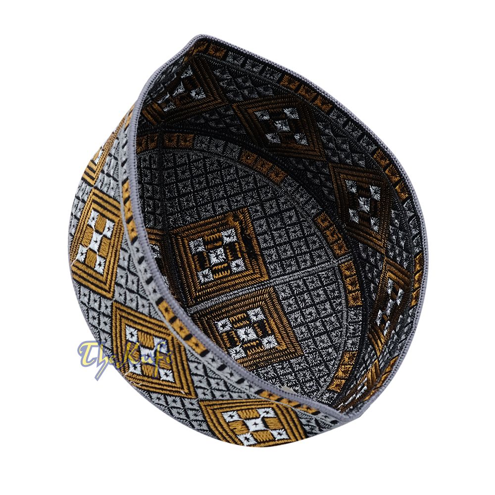 Dark Gray Rust Brown White Diamond Intricately Embroidered Design Pakistan Kufi