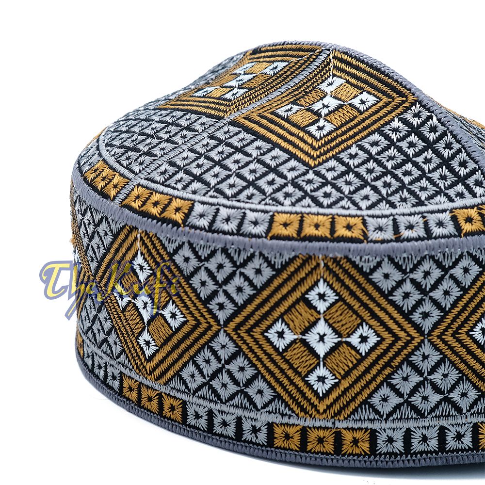 Dark Gray Rust Brown White Diamond Intricately Embroidered Design Pakistan Kufi