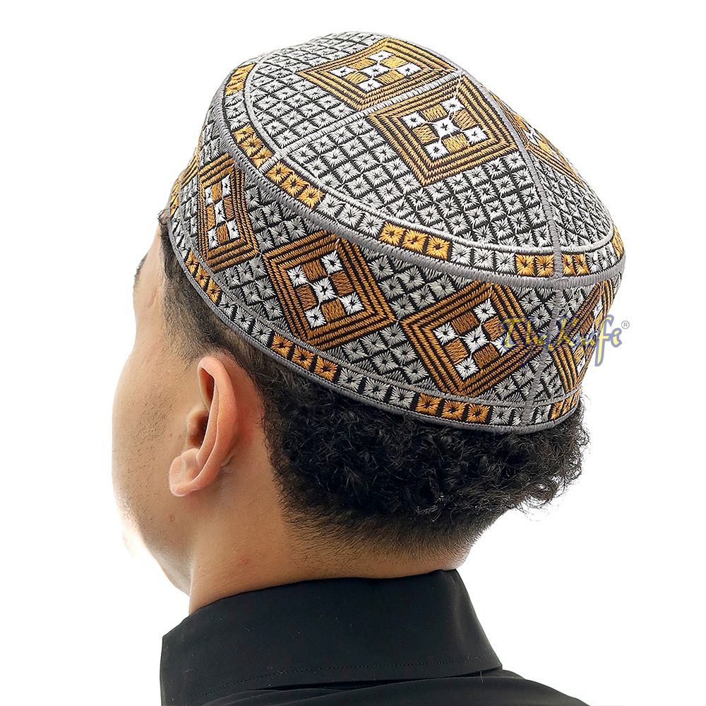 Dark Gray Rust Brown White Diamond Intricately Embroidered Design Pakistan Kufi